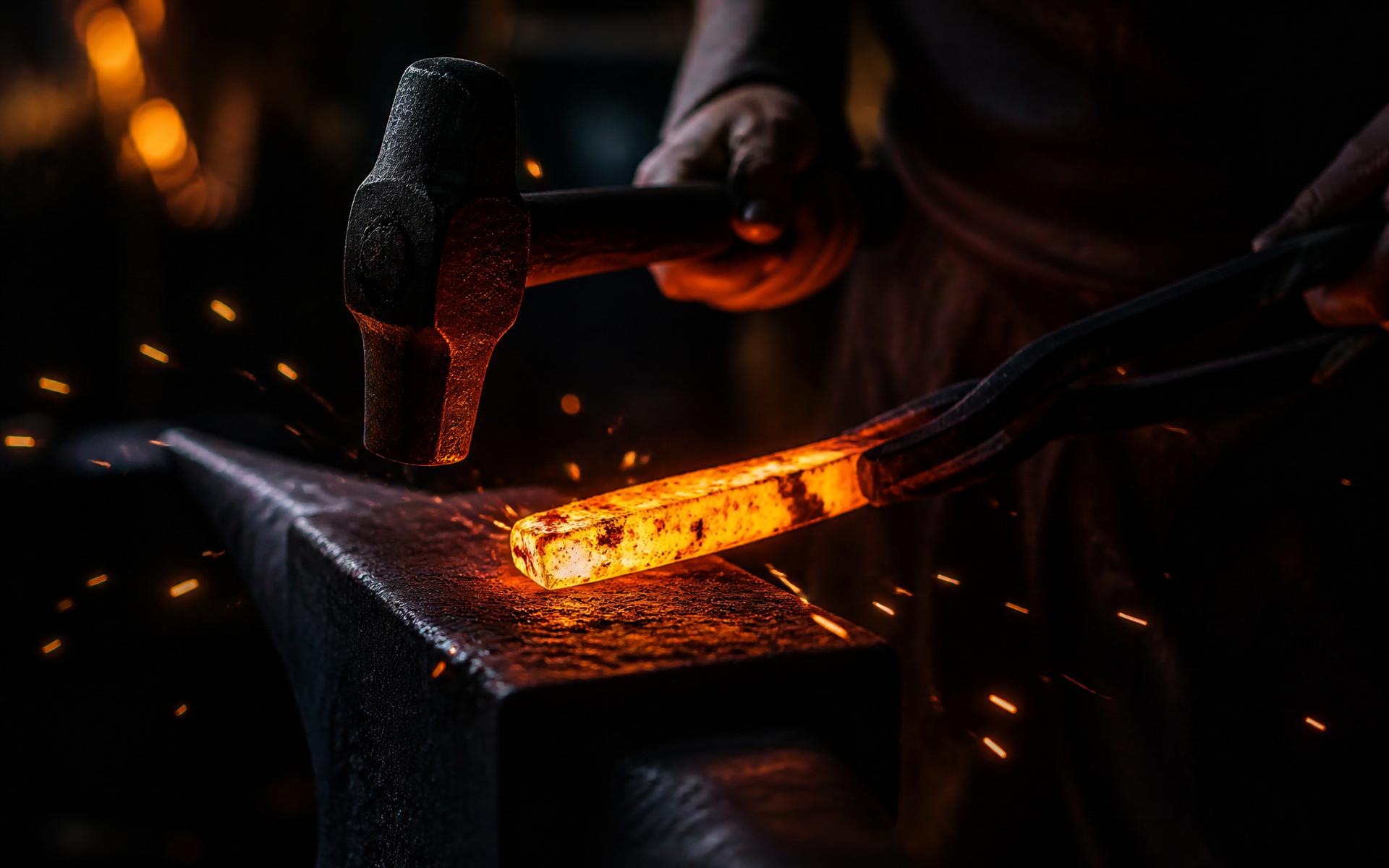 Molten steel on an anvil, sparks flying under a hammer
